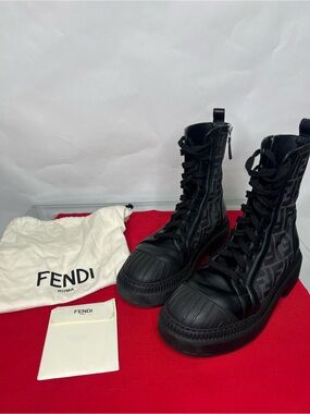 Fendi Zucca Combat Boots Fabric Jacquard Vitello Domino Biker Black Asfalto FF